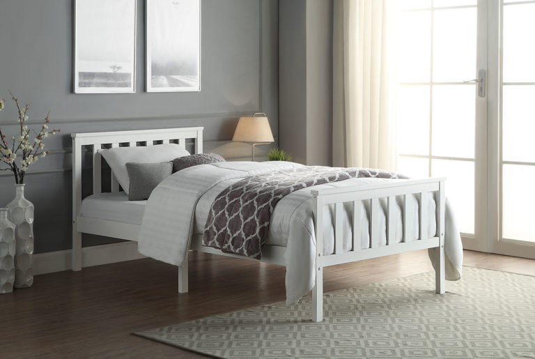 white wood single bed with mattress
