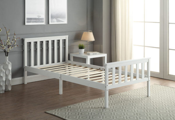 Slatted White Single Bed Frame side view