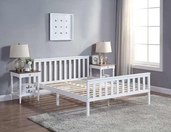 White Wooden Bed Frame with Slatted Headboard and Footboard