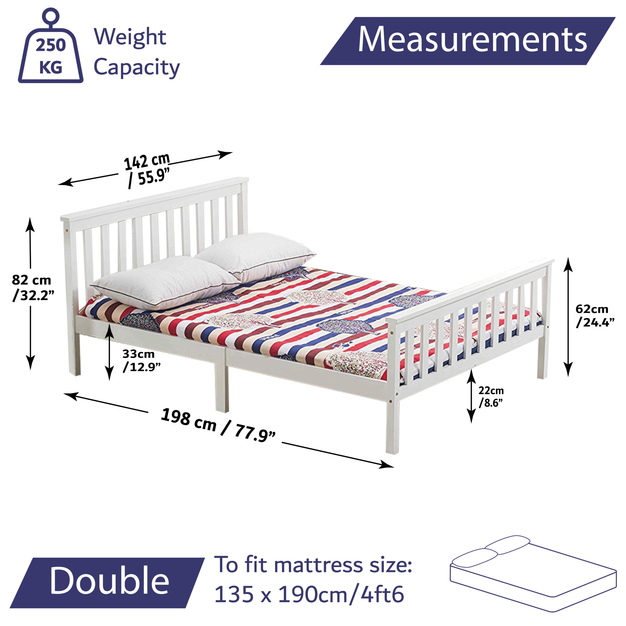 Solid Wooden Double Bed Frame In White, What Is The Size Of A Standard Double Bed Frame