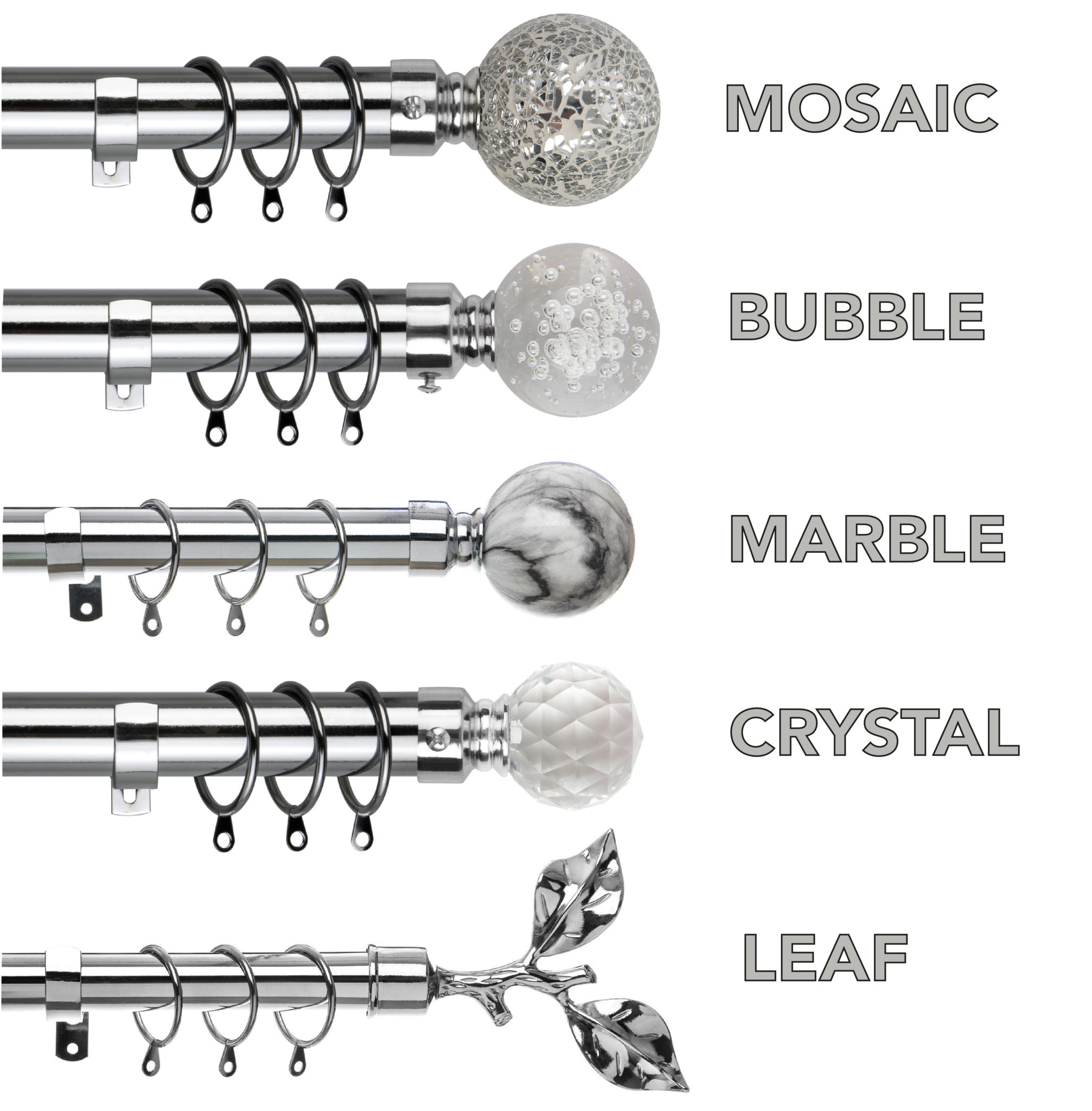 Mosaic Includes Rings & Fittings 28mm. Crystal Set of 2 tiebacks, Crystal Final Bubble Finals Chrome Extendable Curtain Pole