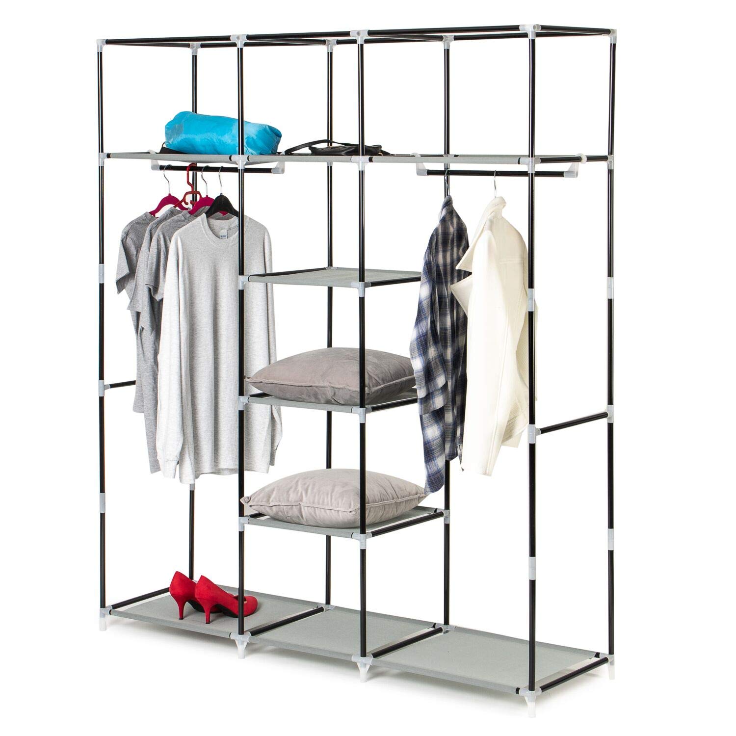 TAHA® Wardrobe Canvas Clothes Large Foldable Cupboard Storage Organiser Shelving Grey 