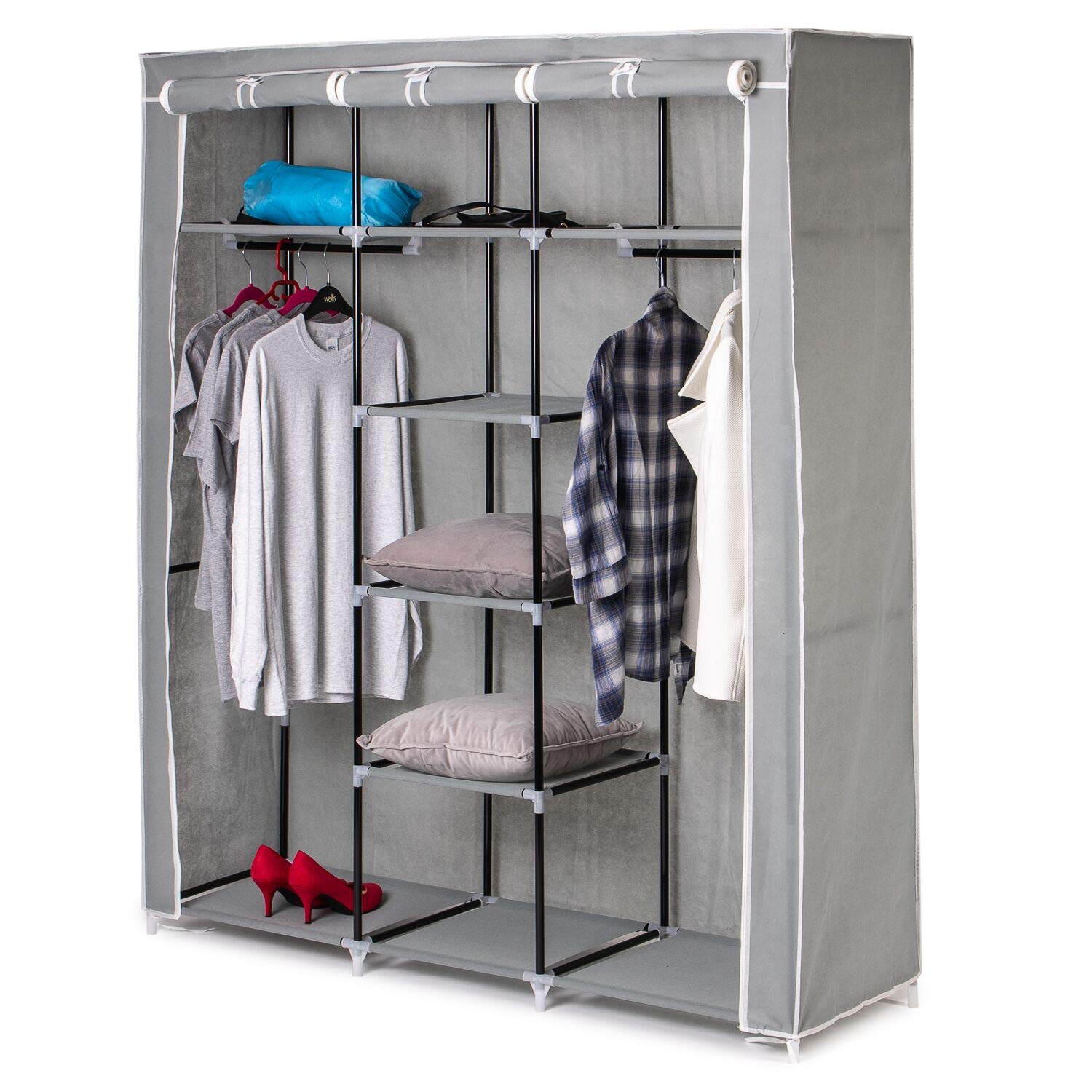 Large Grey Canvas Wardrobe Foldable Clothes Cupboard - Home Treats UK