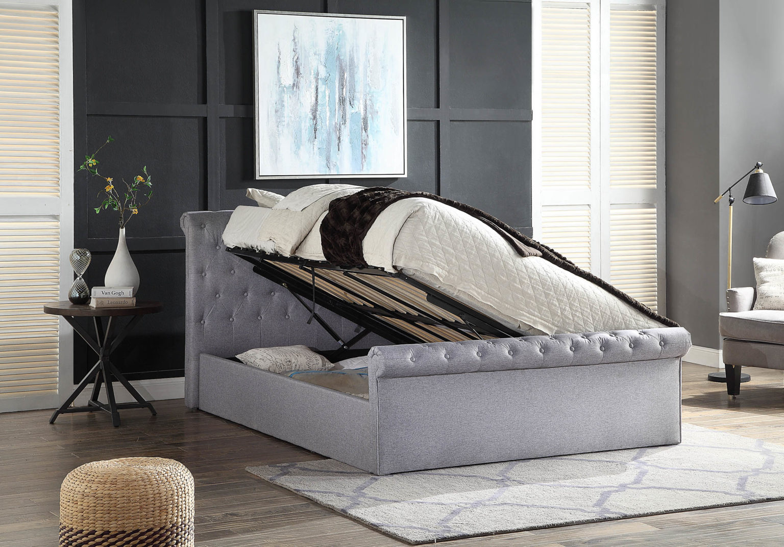 Grey King Size Velvet Curved Headboard Winged Ottoman Storage Bed Frame ...