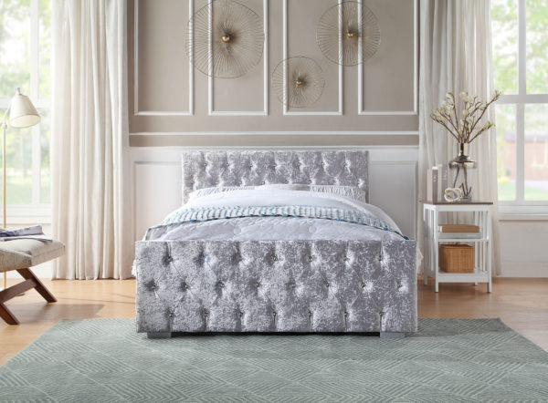 Studded Headboard and Footboard Bed Frame in Silver Crushed Velvet front view