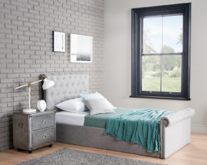 Single Grey Studded Scroll Ottoman Bed side view
