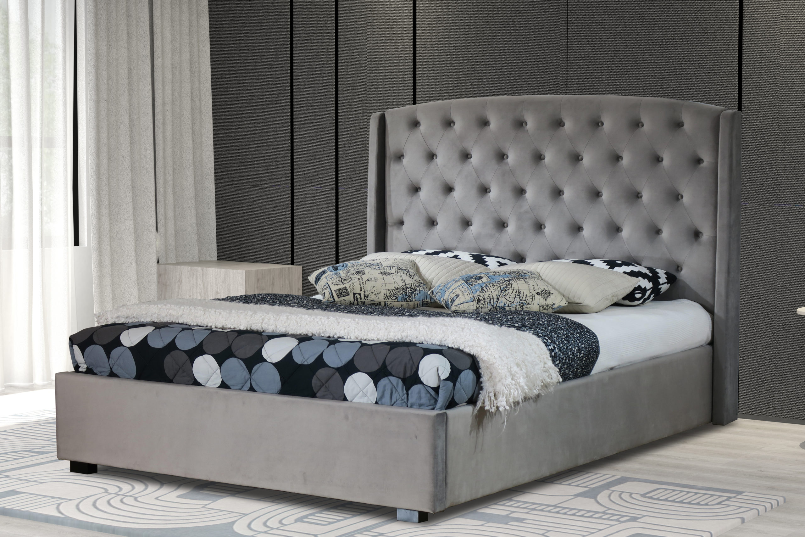 Grey Padded Headboard Double King Size, King Size Bed Frame With Upholstered Headboard