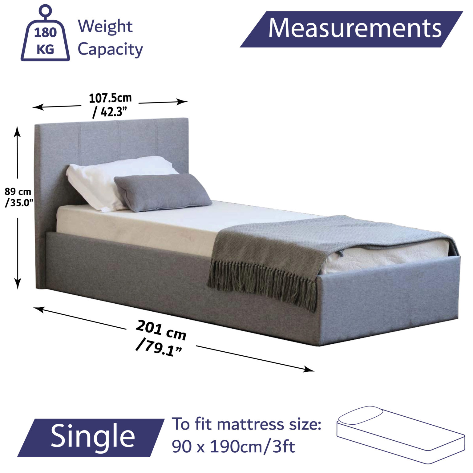 Side Lift Bed Frame Grey Storage Ottoman - Home Treats UK