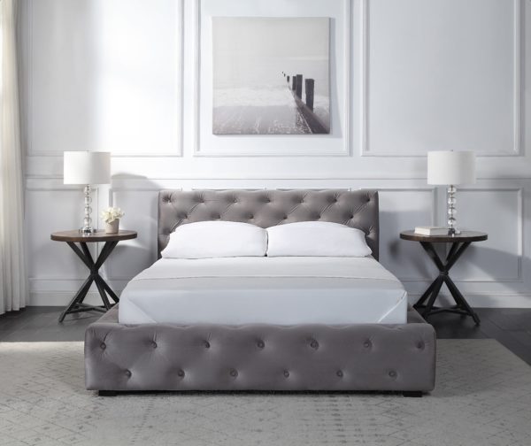 Fully Studded Light Grey Bed with Mattress front view