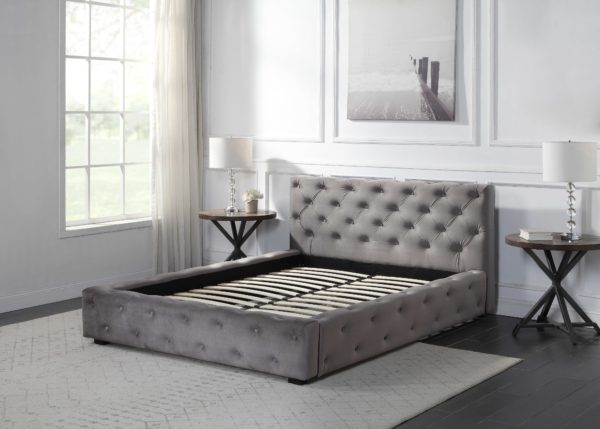 Double Grey Fabric Fully Studded bed side view