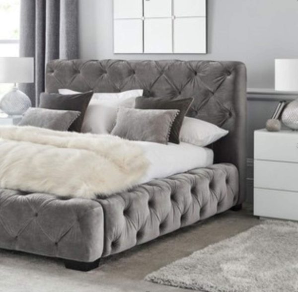 Deluxe Studded Grey Fabric | Bed Frame and Mattress Set (King) - Home