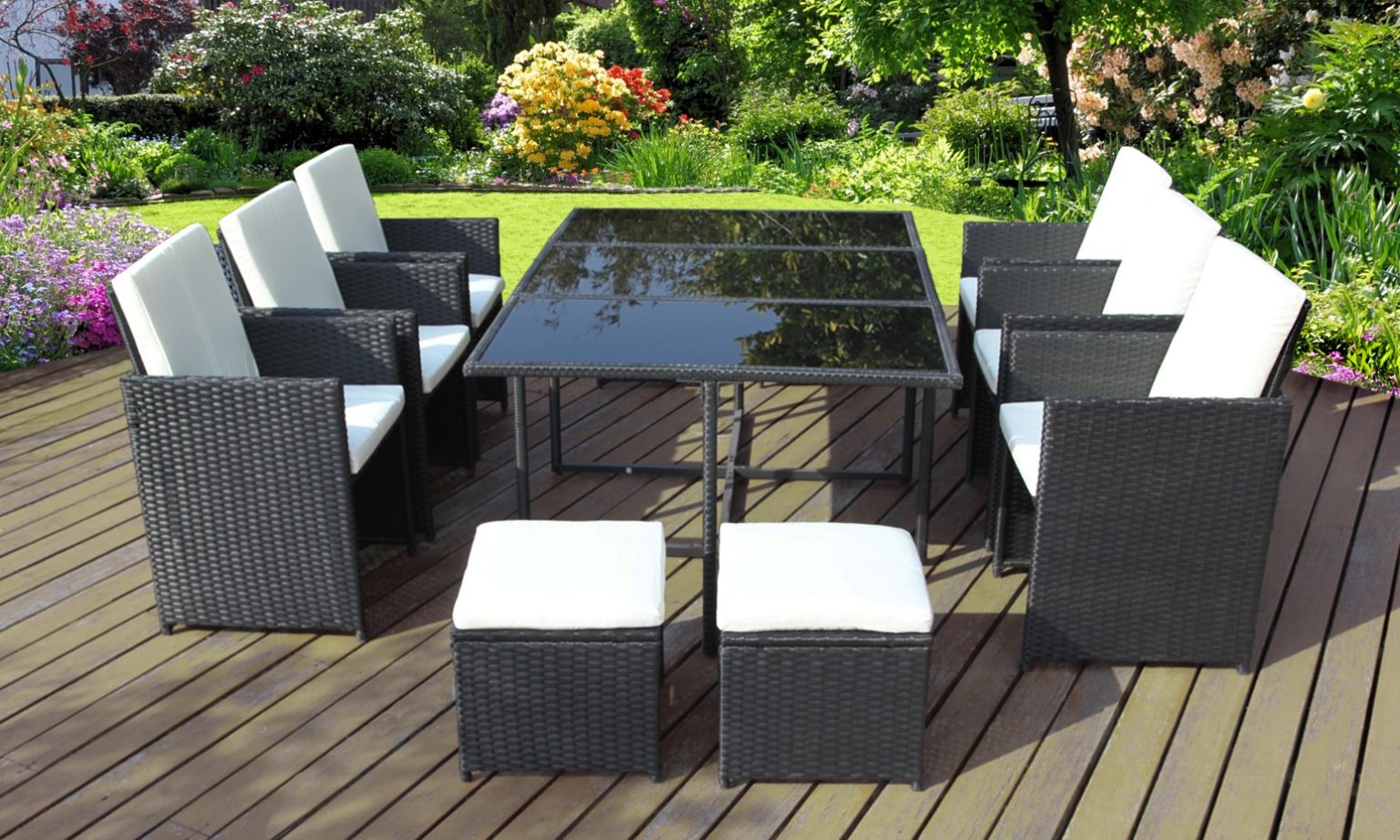 11 Piece Rattan Garden Furniture Sets Includes Table, Chairs & Cushions