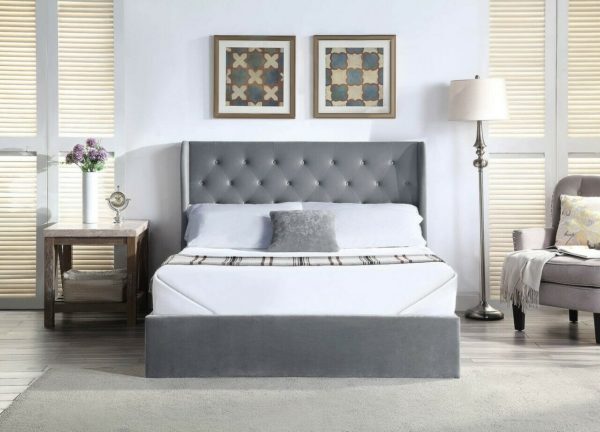 Luxury Grey Velvet Ottoman Bed With Tall Button Detail Headboard
