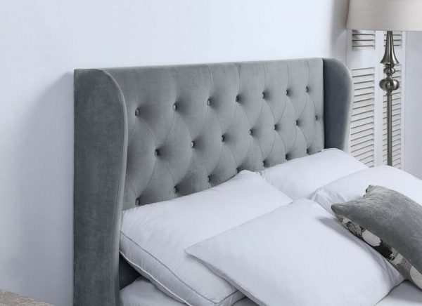 Grey Velvet Ottoman Bed With Stud and Wing Detail