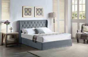 Gas Lifting Ottoman Bed with Storage and Tall Velvet Studded Headboard with Small Wings