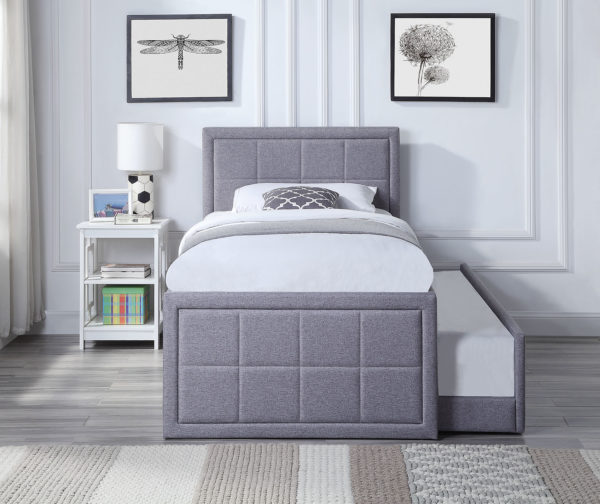Grey Fabric Single Trundle Bed Frame with Pull Out Storage front view