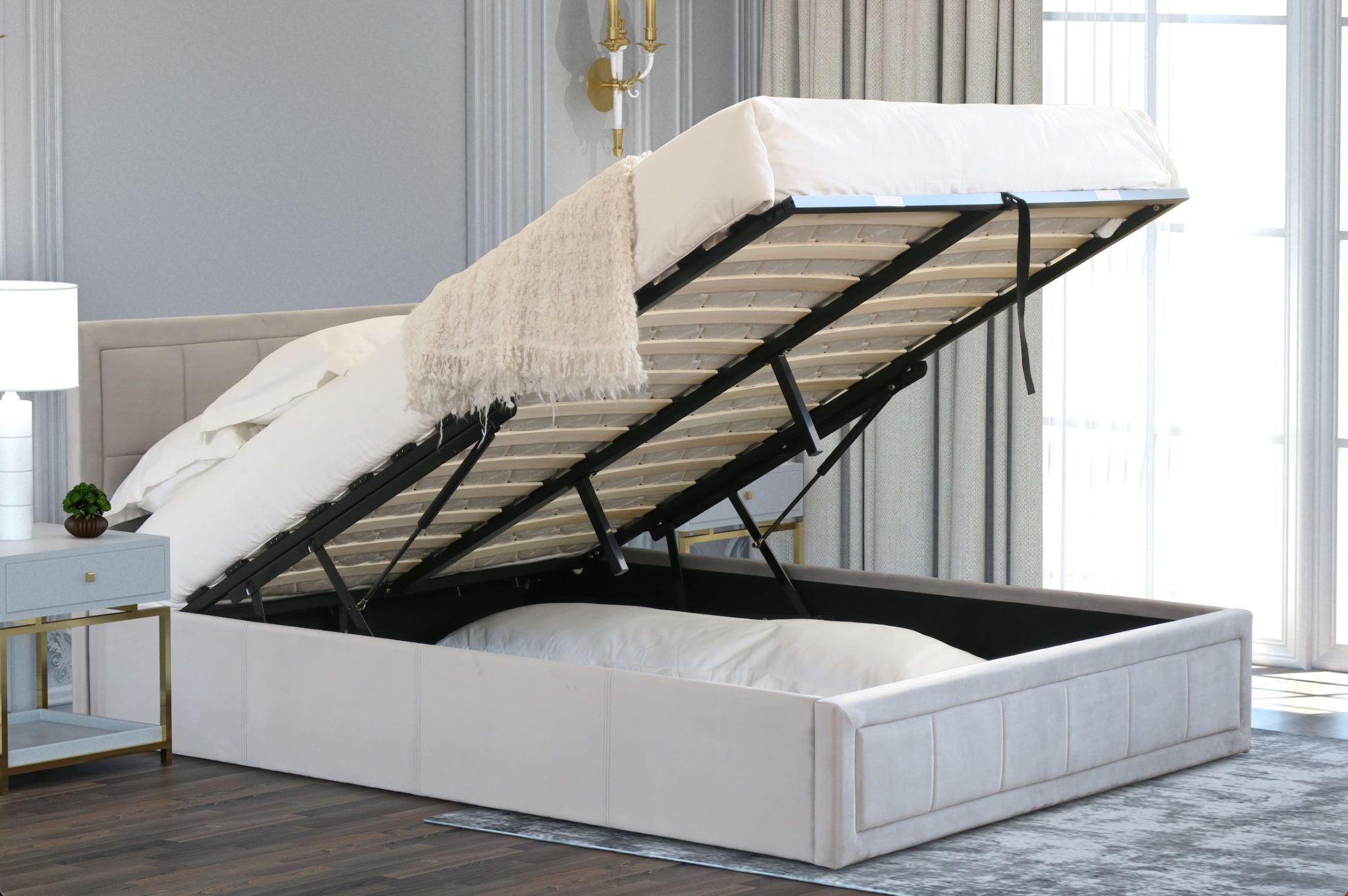 Edinburgh King Size Lift Up Storage Ottoman Velvet Grey Bed Frame