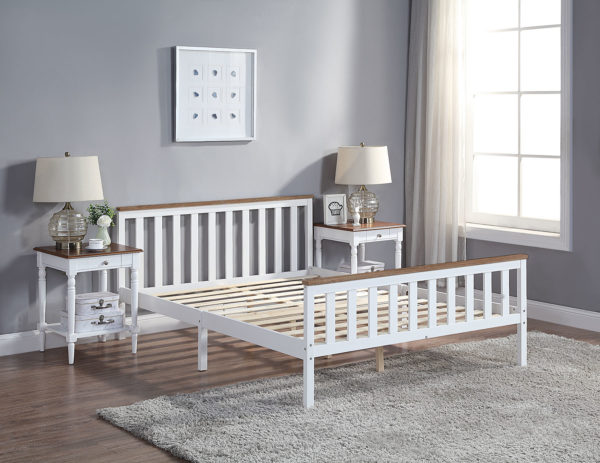 White King Size MDF Bed Frame with Pine Edging on Headboard and Footboard side view of product