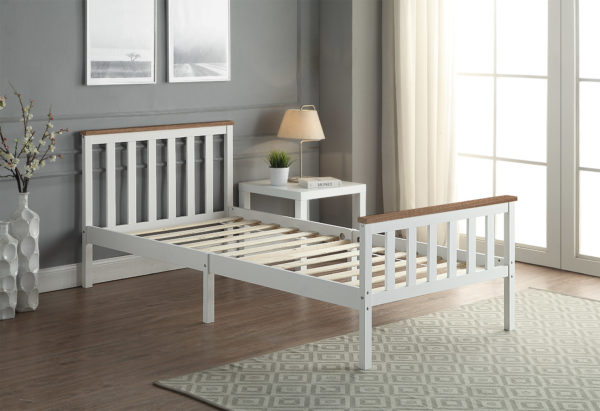 White Single MDF Bed Frame with Pine Edging on Headboard and Footboard side view of product