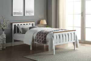White Single MDF Bed Frame with Pine Edging on Headboard and Footboard side view