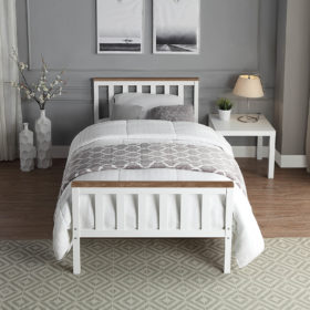 White Single MDF Bed Frame with Pine Edging on Headboard and Footboard front view