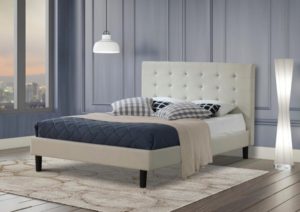 Cream Upholstered Bed Frame with Stud Detail and Black Feet
