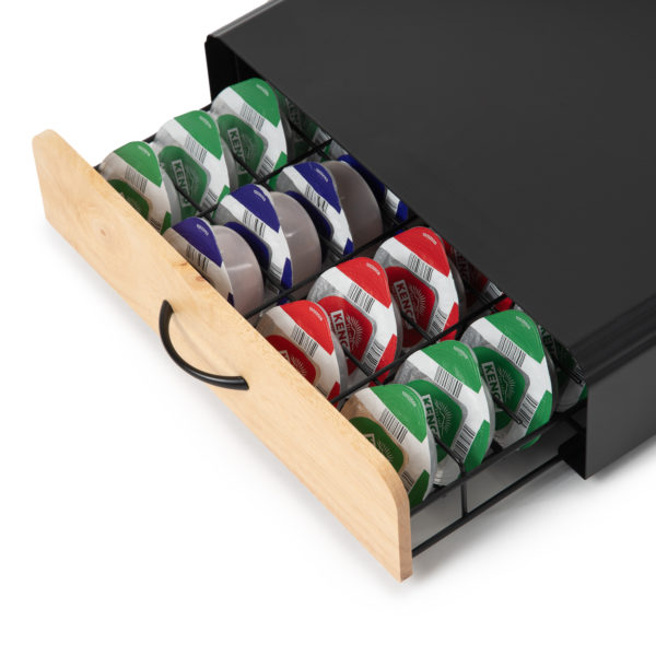 Coffee Capsule Holder Holds up to 64 Pods in Black with Wood fronted Drawer
