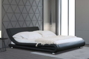 Black Leather Padded King Size Bed side view