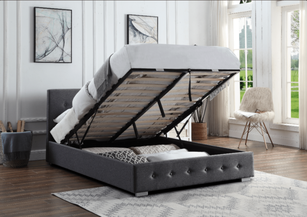Grey Studded Ottoman Bed Frame with Gas Lift from the Bottom
