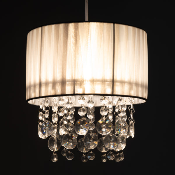 Sheer Light Grey Drum Ceiling Light Shade with Crystal Pendants
