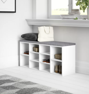 White Wooden Shoe Storage with Grey Cushioned Top