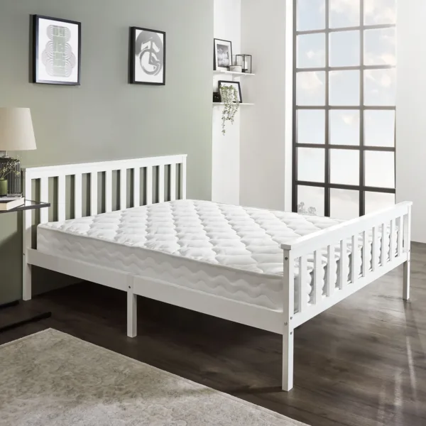 king size white wooden bed with mattress