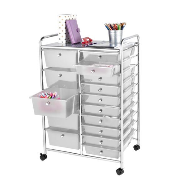 White storage trolley with office supplies