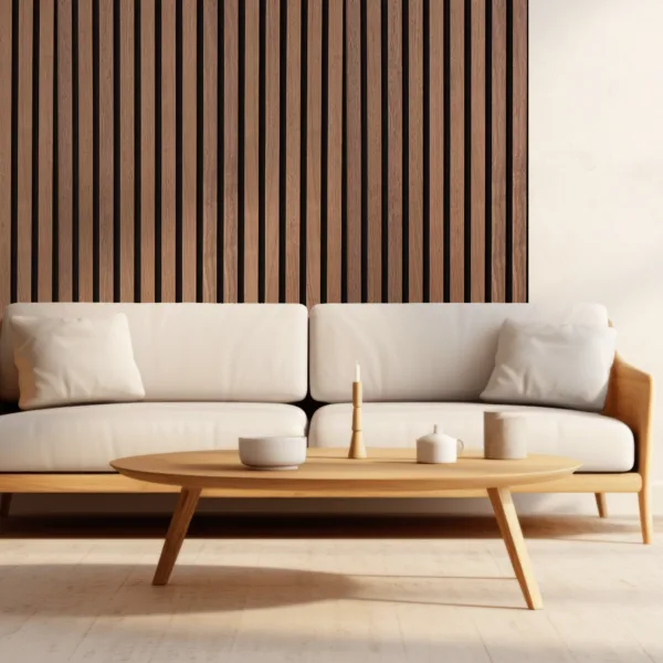 sofa in living room with wall panel wood