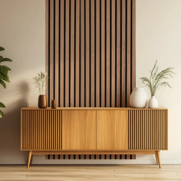 Wooden sideboard with wall panelling