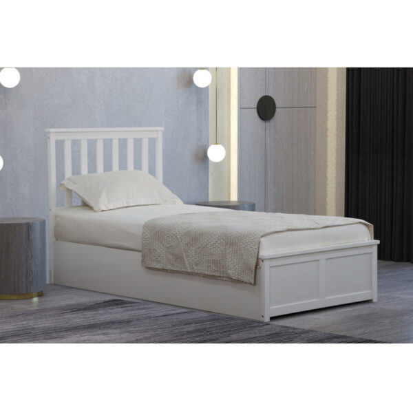 A single wooden ottoman bed frame in white.