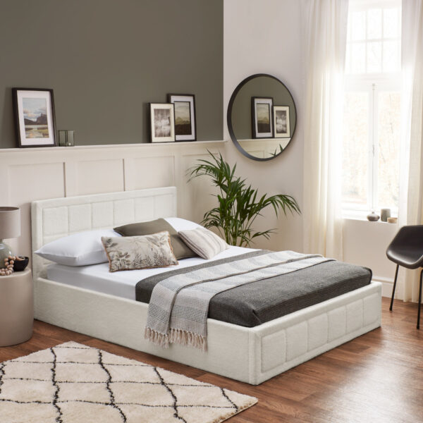 white boucle bed storage