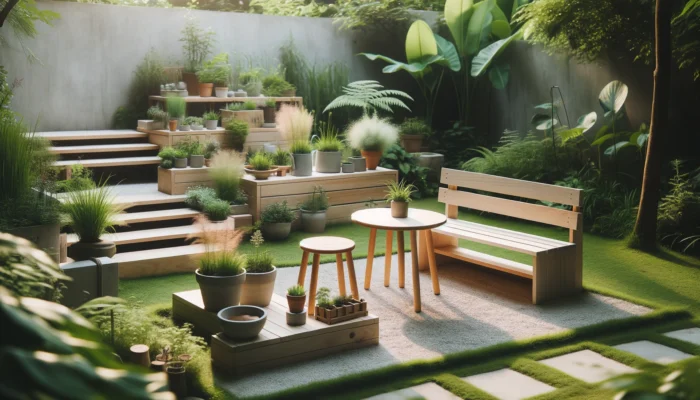 An AI-generated image showing upcycled DIY garden furniture using old wood.