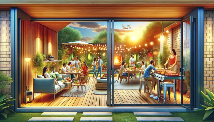 A vibrant scene depicting the idea of 'indoor outdoor living' in 2024.
