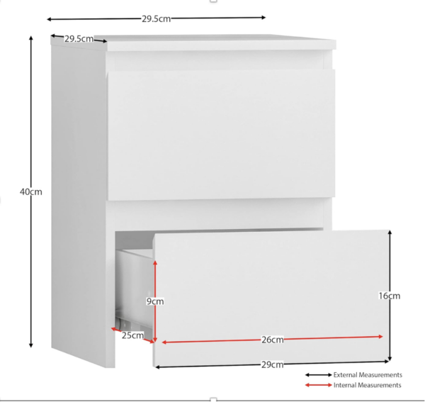 size guide Bedside chest of 2 drawers