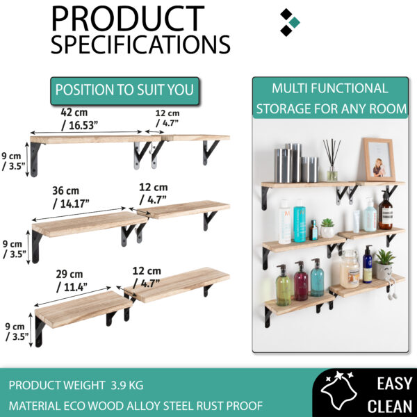 wooden floating wall mounted shelves with metal brackets