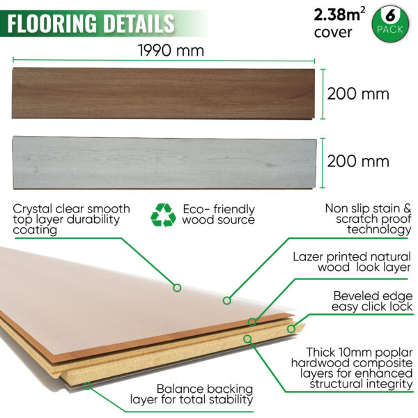 brown 6 pack large 200cm 20cm click wood planks easy clean